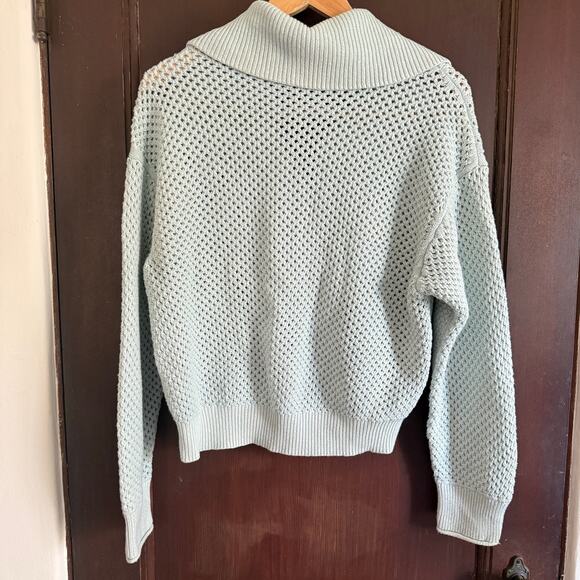 JONATHAN SIMKHAI Blue Ariella Plaited Polo Quarter Zip Sweater Tide White Medium - Picture 7 of 7